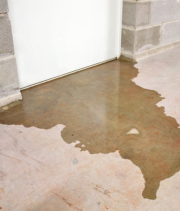 water seeps from behind a basement door onto the concrete foundation