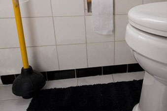 a toilet and a black plunger